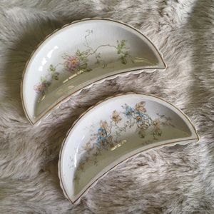 Antique Pair Bone Dishes with Floral Transferware Pattern